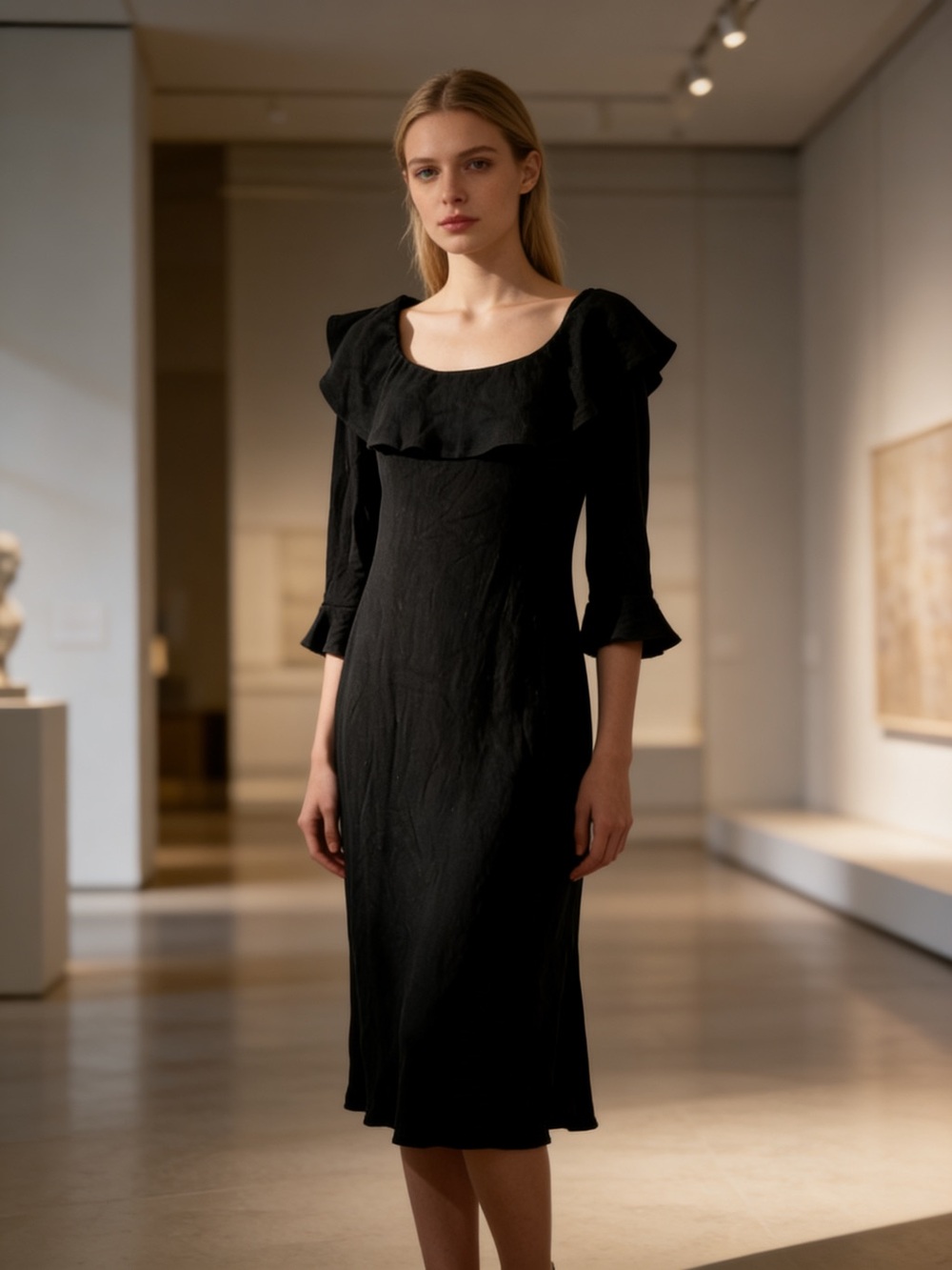 NWT Rachel Pally Black Luella Rib Midi Dress Ruffle Sleeve Modal Medium